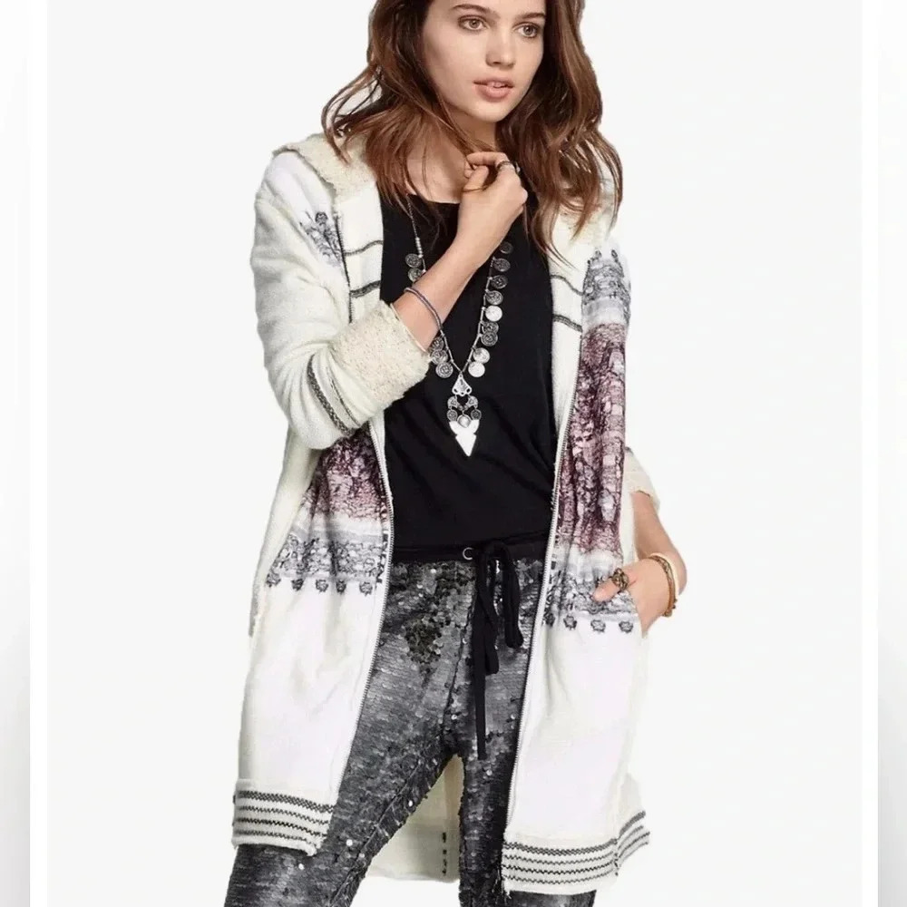 Free People Women's Full Zip Hooded Cardigan Wool Blend Multi XS